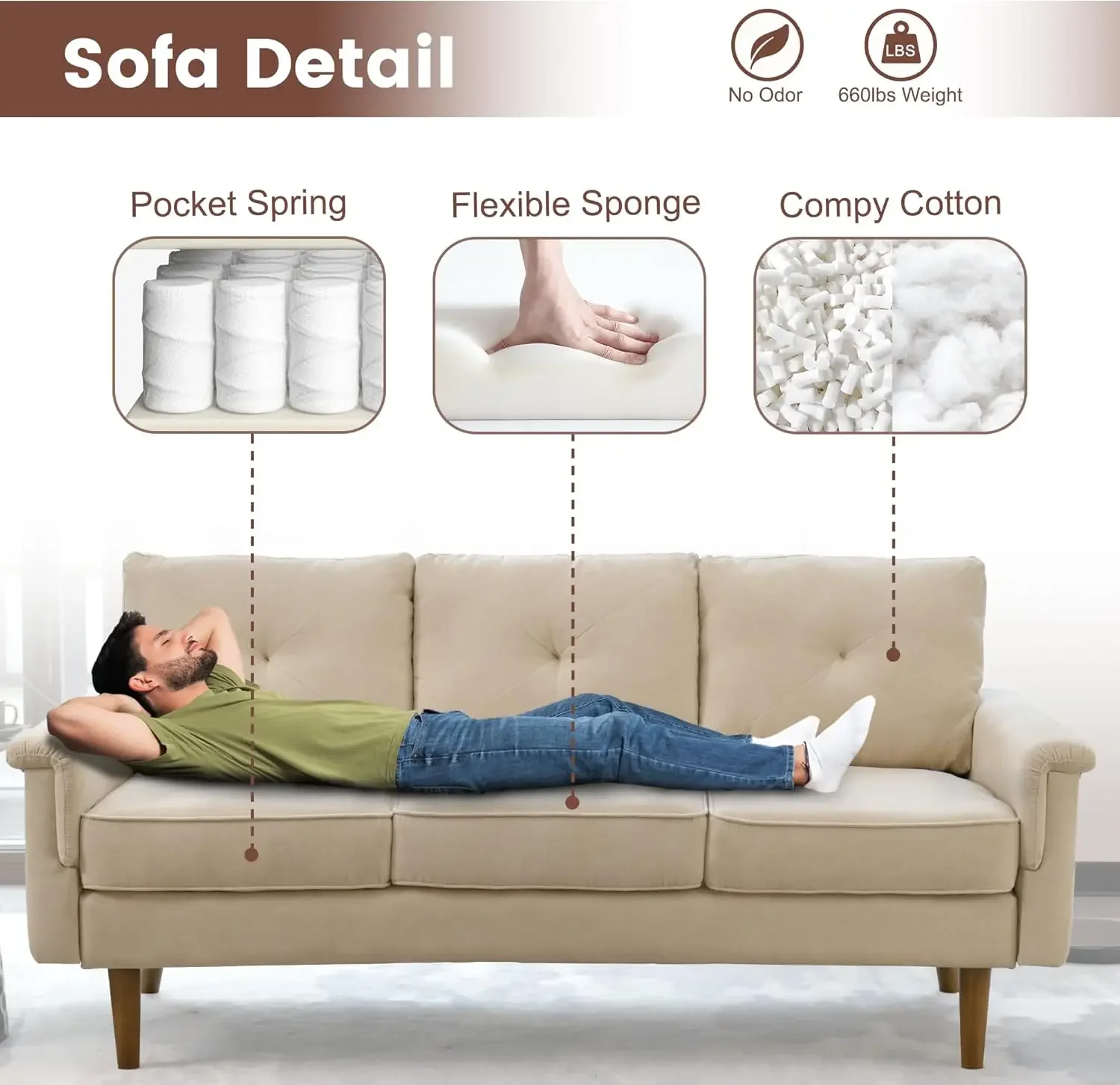 

3 Seater Sofa for Living Room Bedroom, Mid-Century Modern Couch w/ Comfortable Armrest,Comfy Couches w/ Deep Seat (Beige)