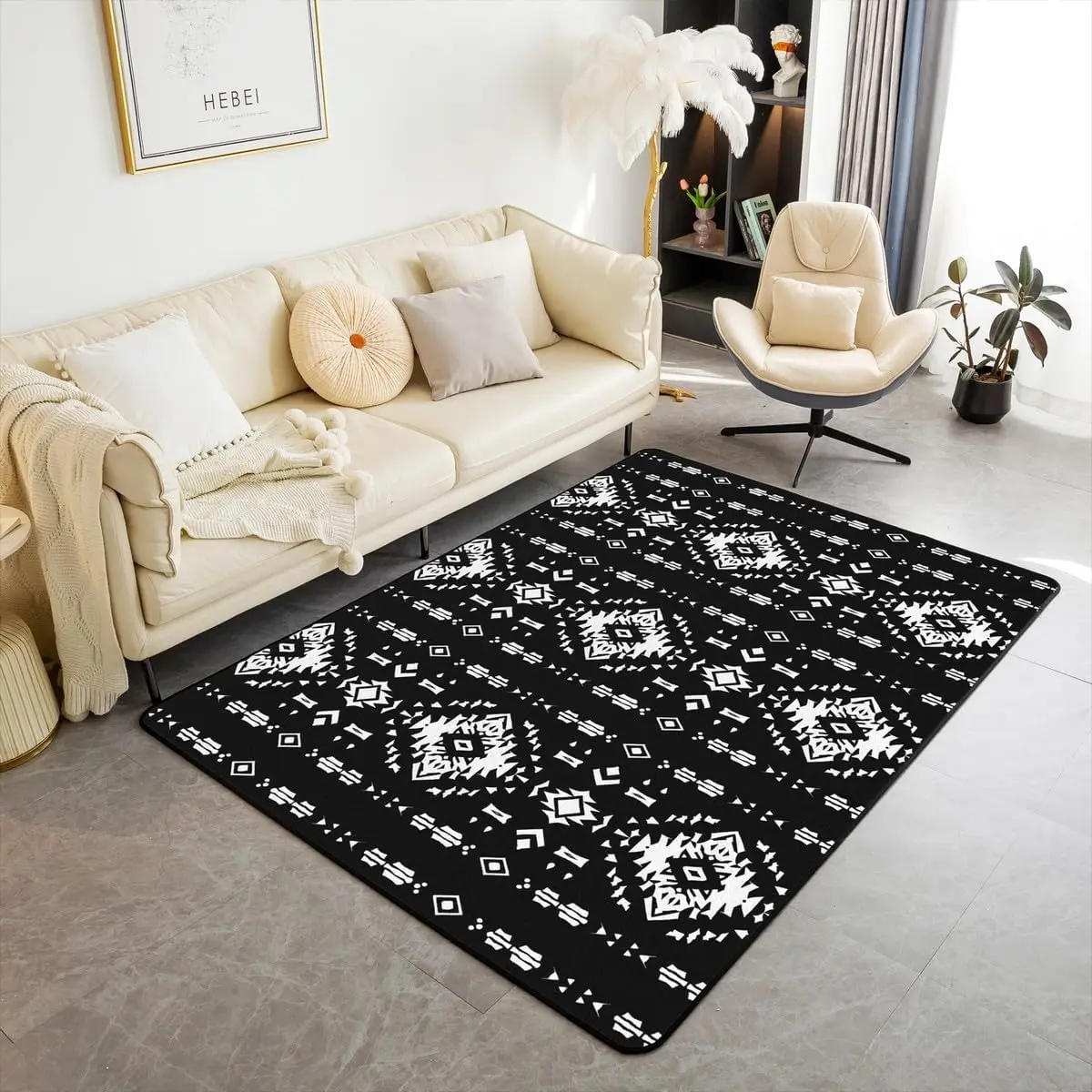 

Southwestern Area Rug Polyester Geometric Living Room Rugs Bedroom Tribal Decor Carpet Geometric Indoor Floor Mat Black White