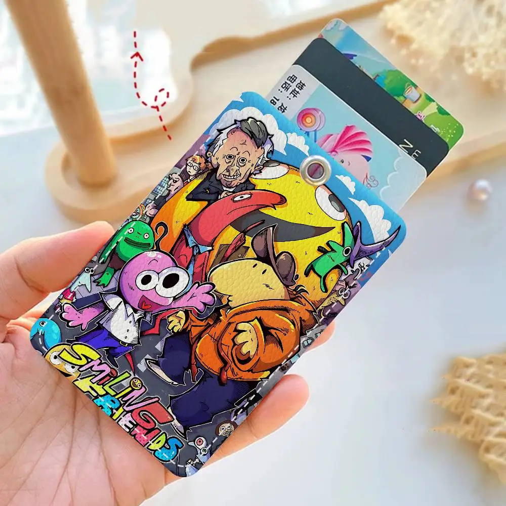 anime Smiling Friends Rectangle ID Card Case Keychain Access Card Bag Key Tag Ring Leather Card Holder Key Ring Access