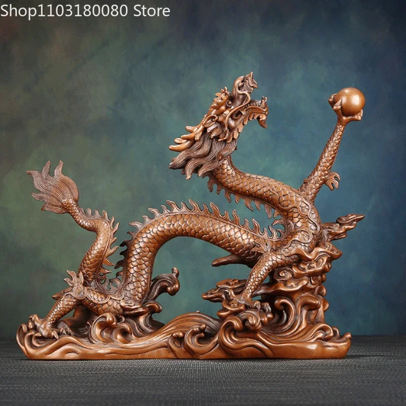 42cm Red copper carving Dragon plays with pearls statue Chinese sculpture Fengshui decor