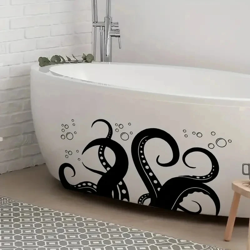 Pegatina de pared de PVC autoadhesiva para bañera, decoración de habitación para baño y cocina, pulpo de terror negro, 1 unidad