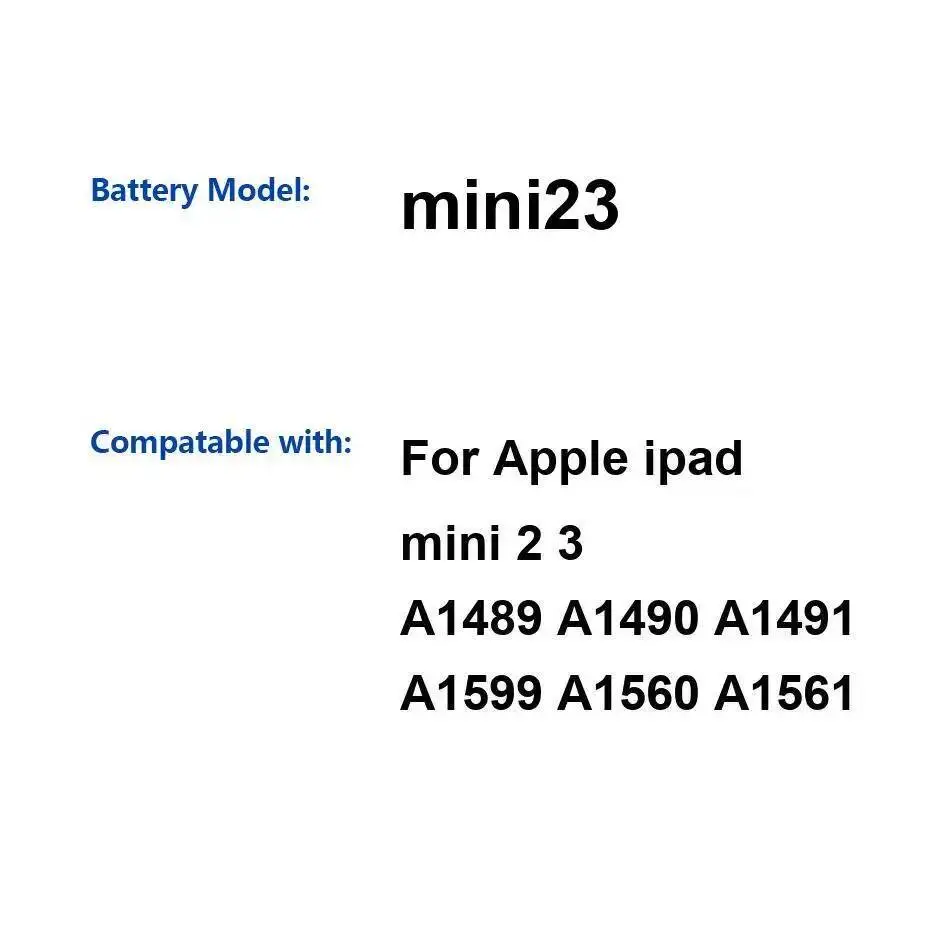 

Mini23 Long Lasting Tablet Battery 6471Mah For Apple Ipad Mini 2 3 A1489 A1490 A1491 A1599 A1560 A1561