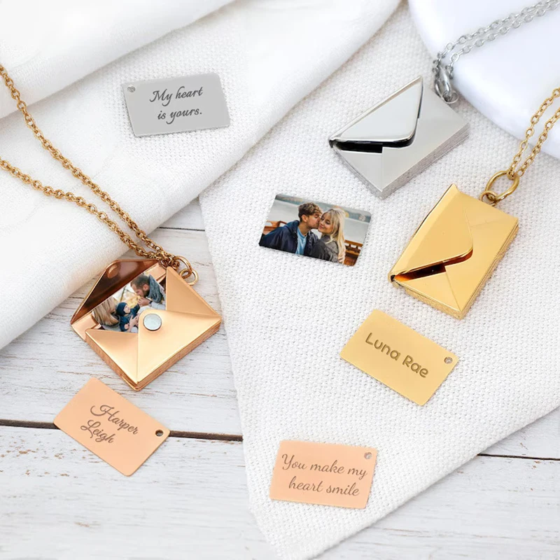 

Envelope Photo Text Custom Necklace for Women Girls,Stainless Steel Can Open Family Picture Gift Jewelry,Personalized Pendant