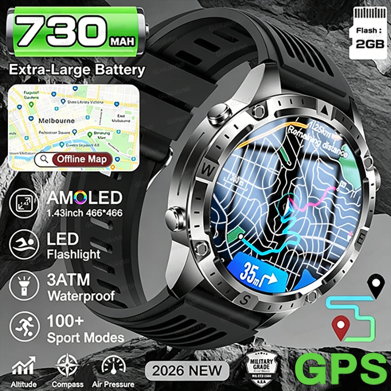 

2026 Outdoor New GPS Offline Map T-Rex 3 Military Grade Smart Watch Men 3ATM Waterproof LED Flashlight HD Call 100+Sports Watch