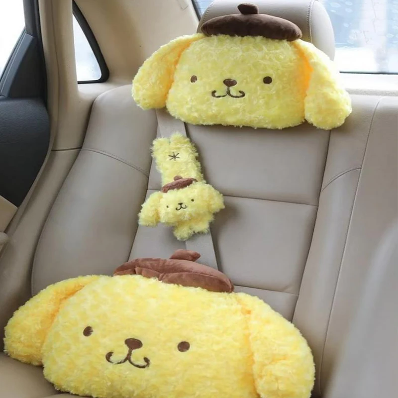 New Kawaii Sanrios Pompompurin Car Headrest and Backrest Seat Belt Decoration Cartoon Lovable Girl Birthday Gift For Girlfriend