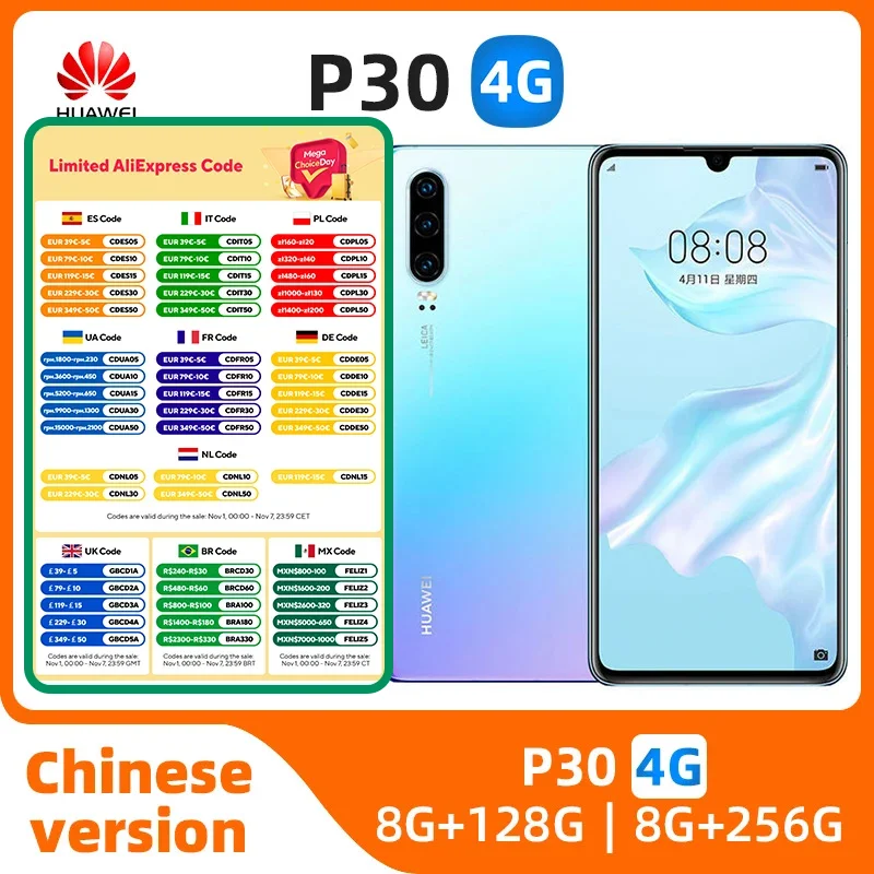 

Смартфон HUAWEI P30, 6,1 дюйма, камера 40 Мп + 32 МП, 8 + 128 ГБ, Android, 4G