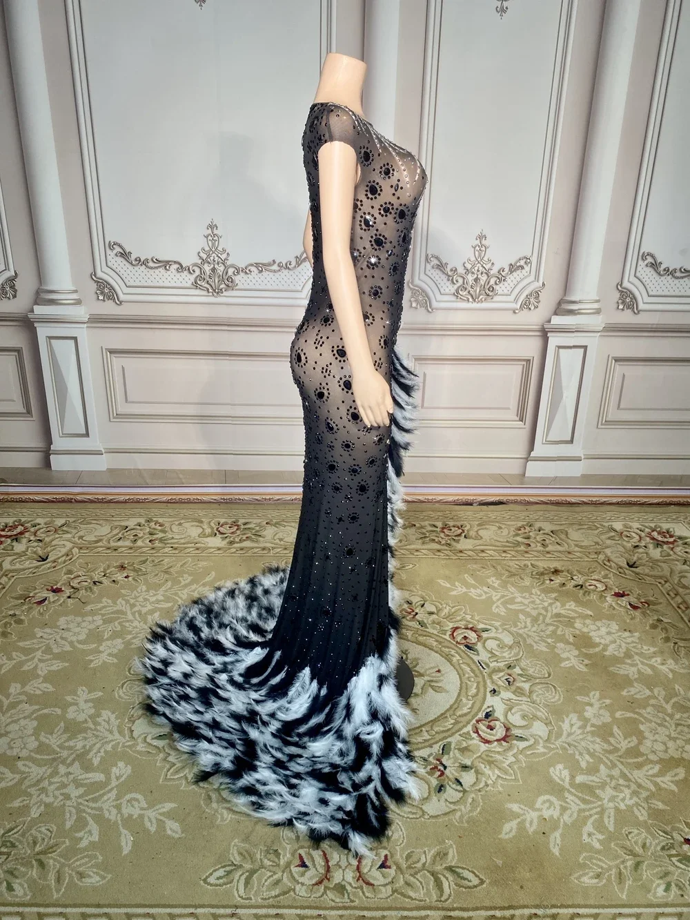 Rhinestones Black White Feathers Floor-length Dress Women Birthday Celebrate Wedding Evening Prom Dress Photo Shoot Wear