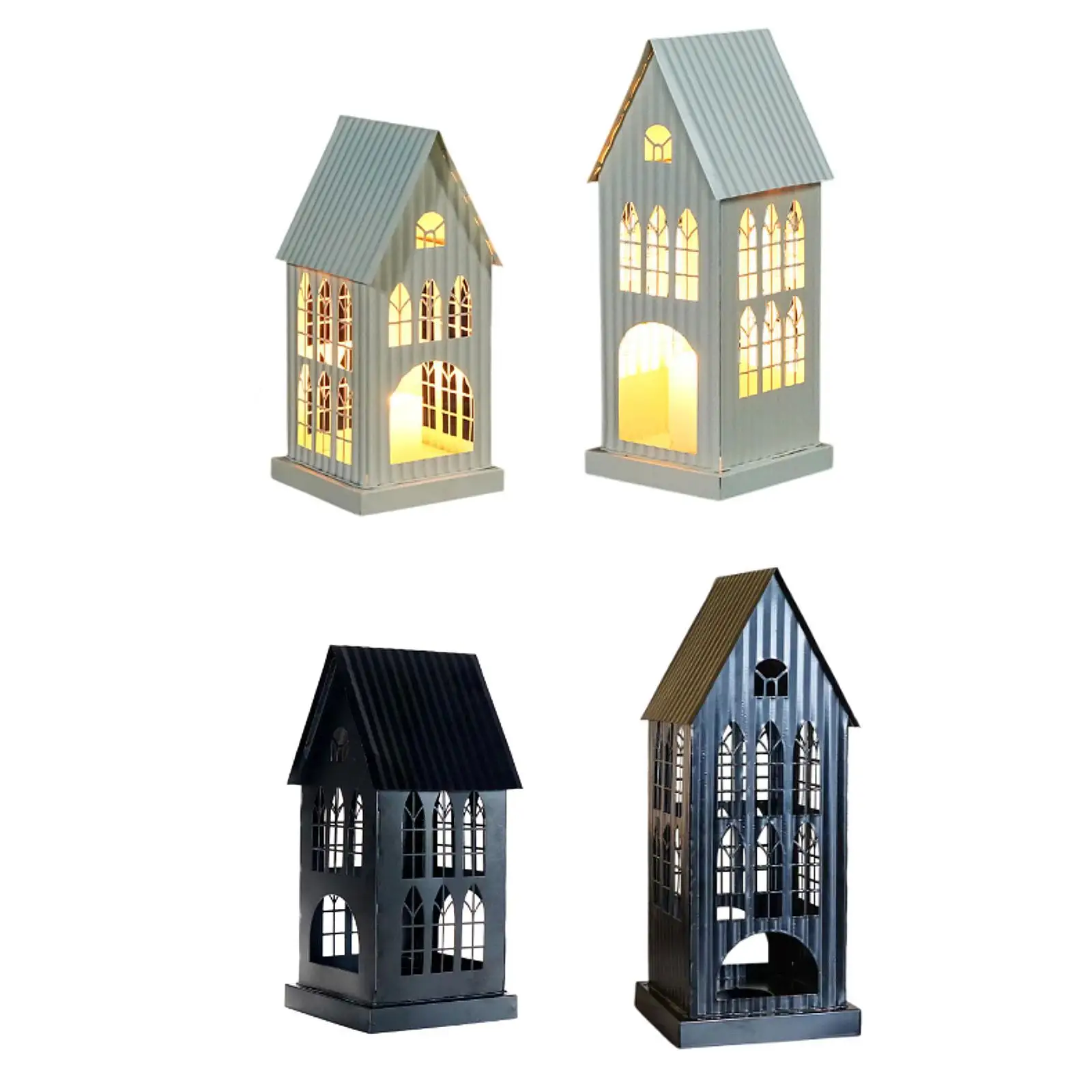 Village House Candle Holder Decorative Metal Candle Stand Desktop Ornament for Dining Room Desk Indoor Table Housewarming Gift