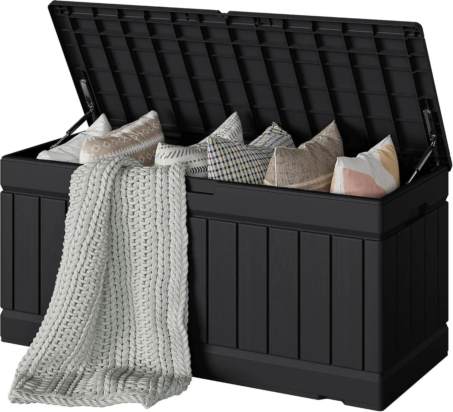 Waterproof Resin Outdoor Storage Deck Box, Lockable Patio Toy Storage Bench, Weatherproof Garden Yard Pool Accessories Cushion Organizer, Rattan Pattern Container, Black, 78 Gallon