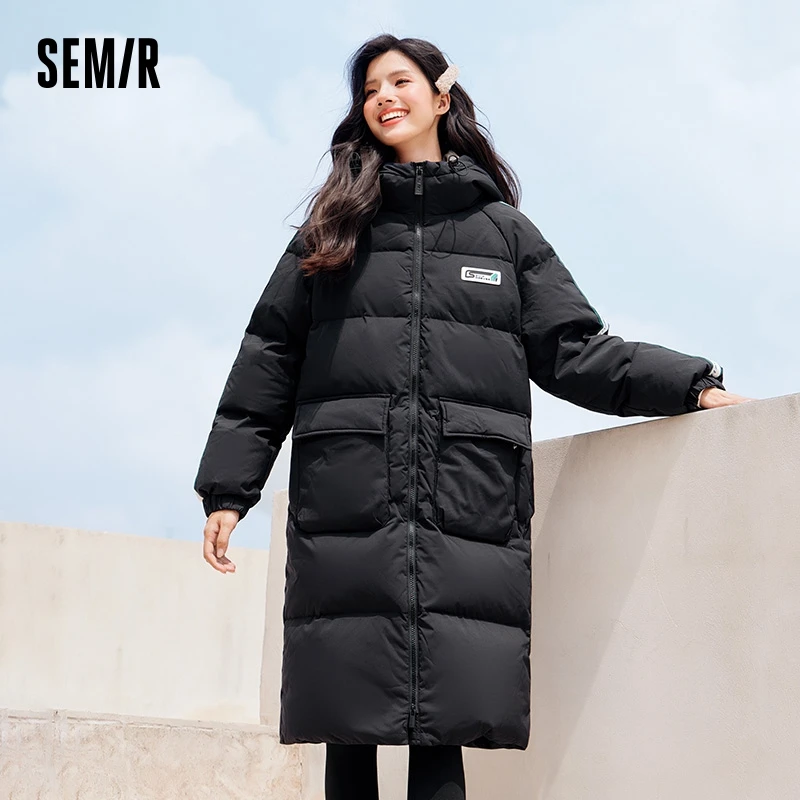 Semir Down Jacket Women Long Loose 2024 Winter New Three-Defense Raglan Sleeve Hooded Thick Coat