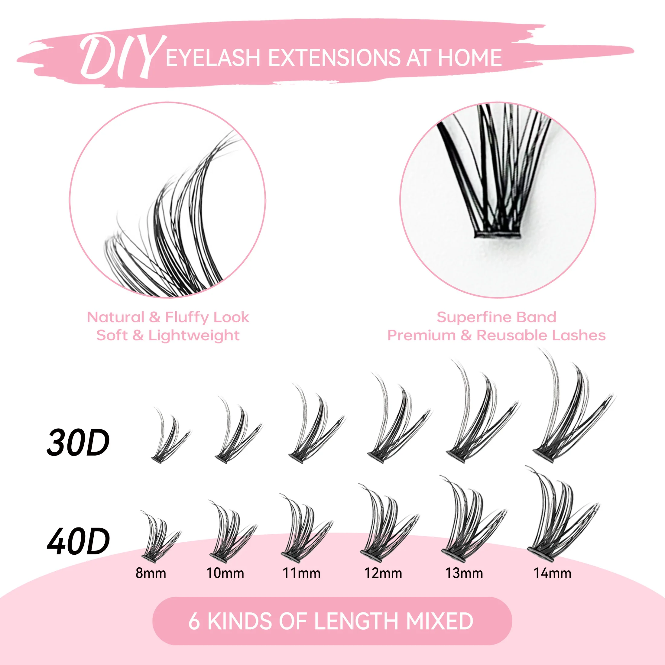 Lashes Clusters Set Extensions Kit ขนตาปลอมผสม Lash Clusters พร้อม Lash Bond Seal และ Lash Applicator เครื่องมือแต่งหน้า