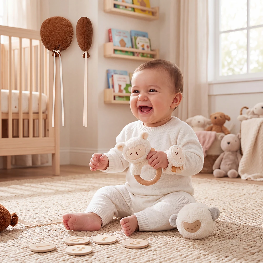 3PCS Soft Plush Lamb Toy Set Montessori Educational Gift Wristband Teether Rattle Ball 0-12M Baby Newborn Sensory Soothing Toys