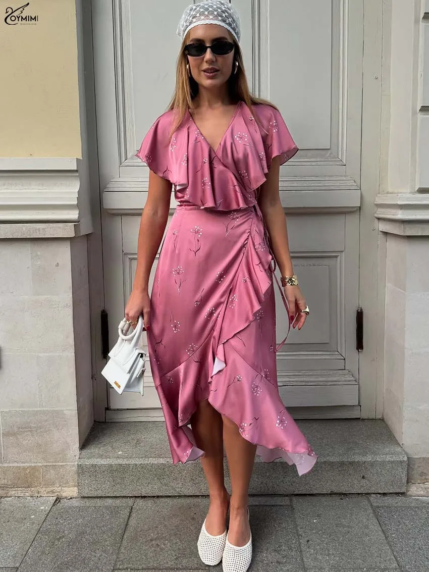 

Oymimi Casual Pink Print Dresses For Woman Fashion V-Neck Ruffled Sleeveless Dresses Autumn Lace-Up Mid-Calf Dress Streetwear