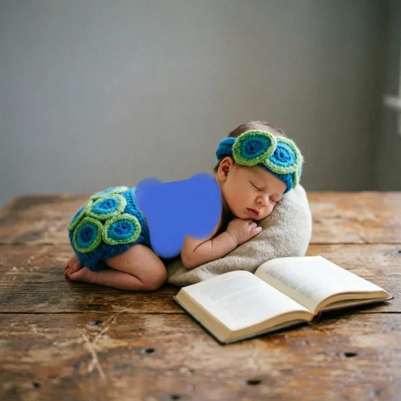 Handmade Yarn Crochet Peacock Pattern Set Headband And Diaper Cover For Studio Portrait Shooting Commemorative Photography Prop