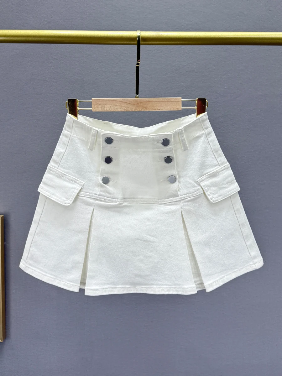 

Новая модная женская джинсовая юбка А-силуэта с высокой талией, на двух пуговицах, свободного кроя, стройнящая, универсальная, летняя, короткая