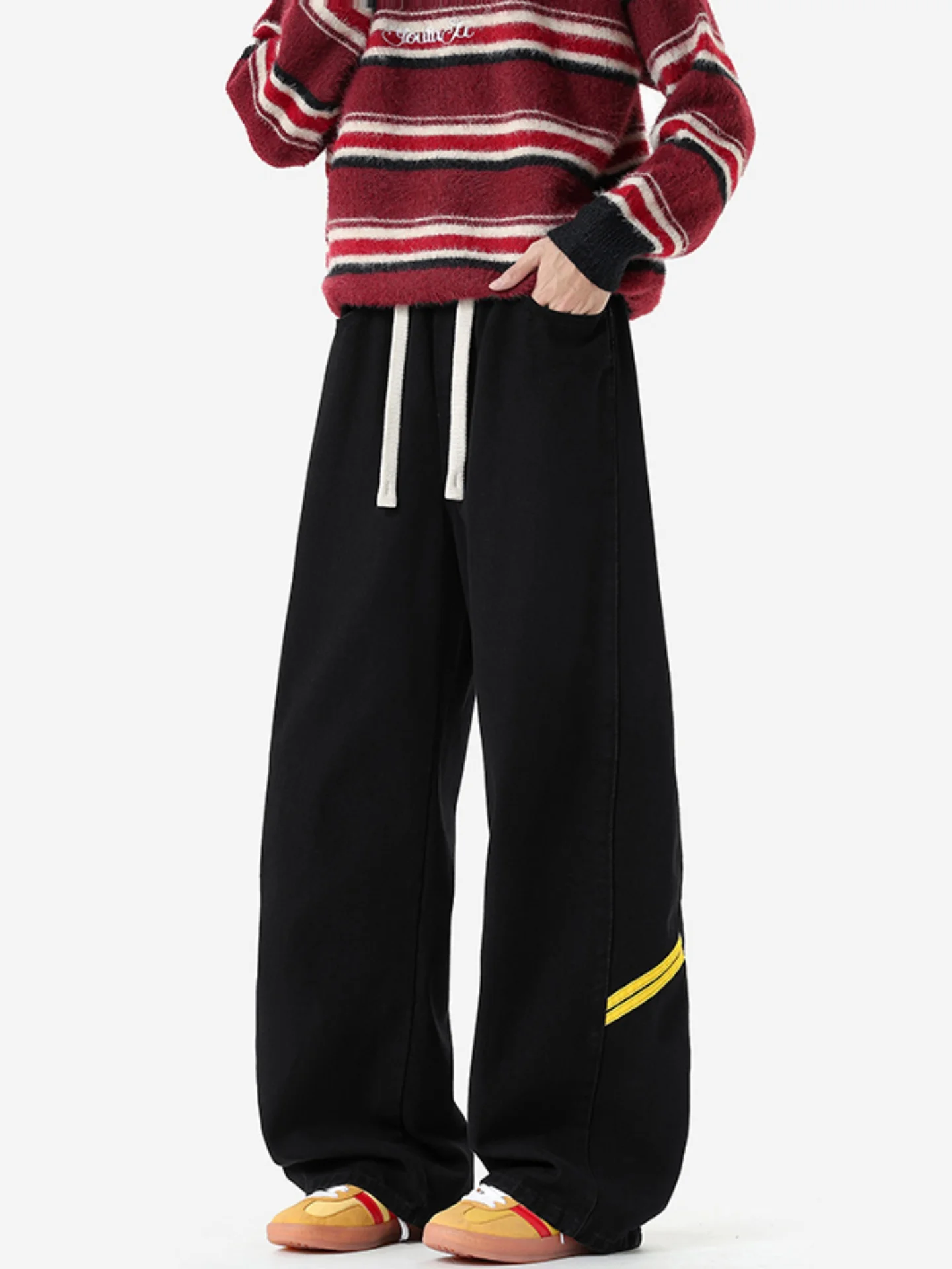 

American Sle Patchwork Striped Men's Jeans Elastic Waist Straight Loose Leg Pants CleanFit Trousers Knife Long Pants