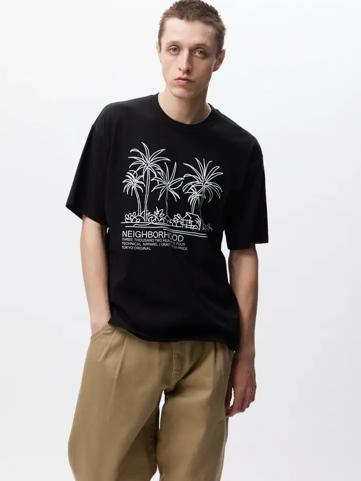 NEIGHBORHOOD Summer Light Luxury Coconut Palm Beach Letter Print Cotton Unisex Short Sleeve T-Shirt Casual Top