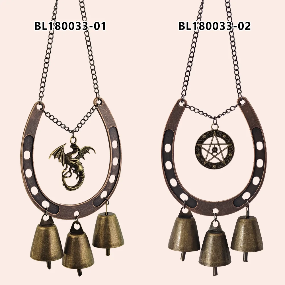 Gothic Witchy Horseshoe 3Bells Chime with Dragon & Pentagram Charms Door Protection for Good Luck Unique Home Decor Wind Chimes