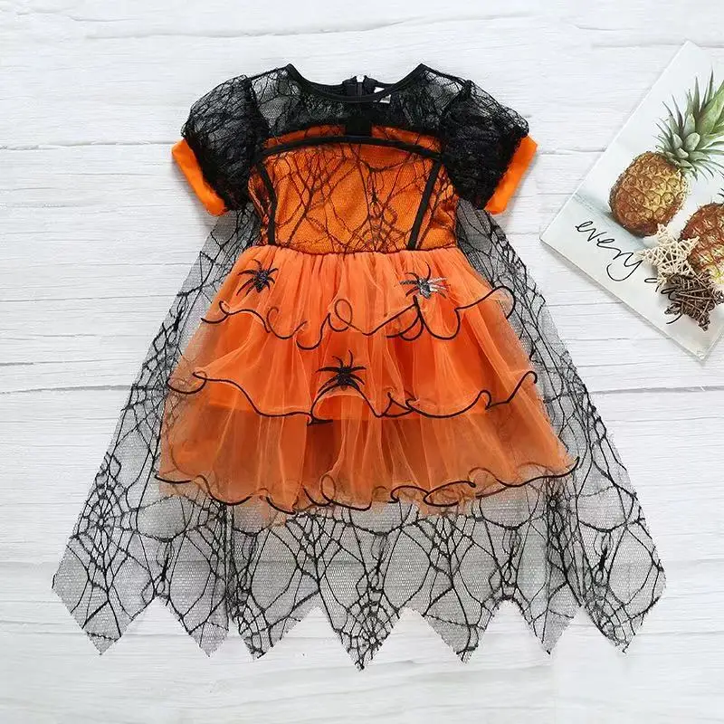 

Autumn Europe and The United States Halloween in Small Children Girls Spider Cape Mesh Cute Dresses 90-130cm