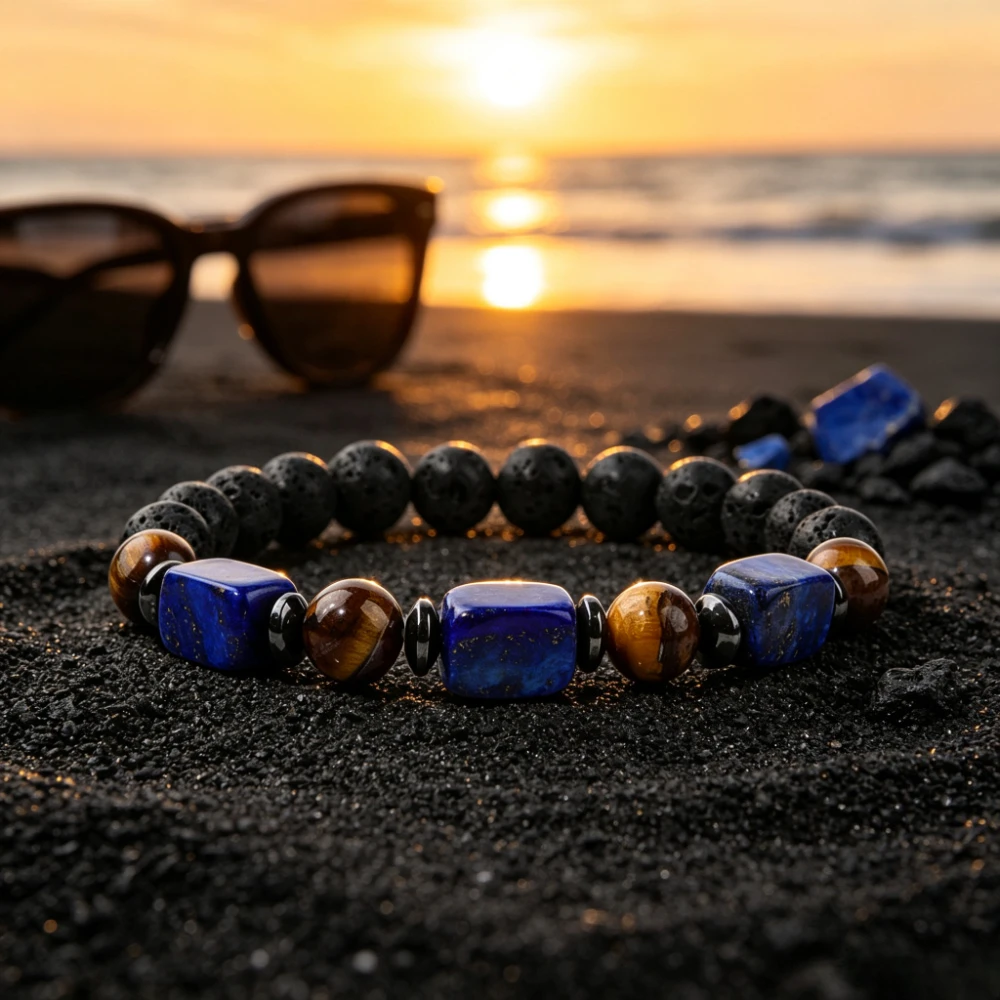 1pc Natural lapis lazuli paired with tiger eye volcanic rock elastic bracelet, men's bead bracelet, casual style jewelry gift