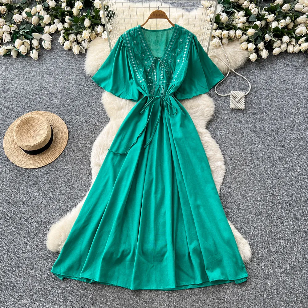 

French Bohemian Embroidered Glitter V-Neck Summer Dress Women's New Cotton Loose-Fit Short Sleeve A-Line Ethnic Maxi Dress D145