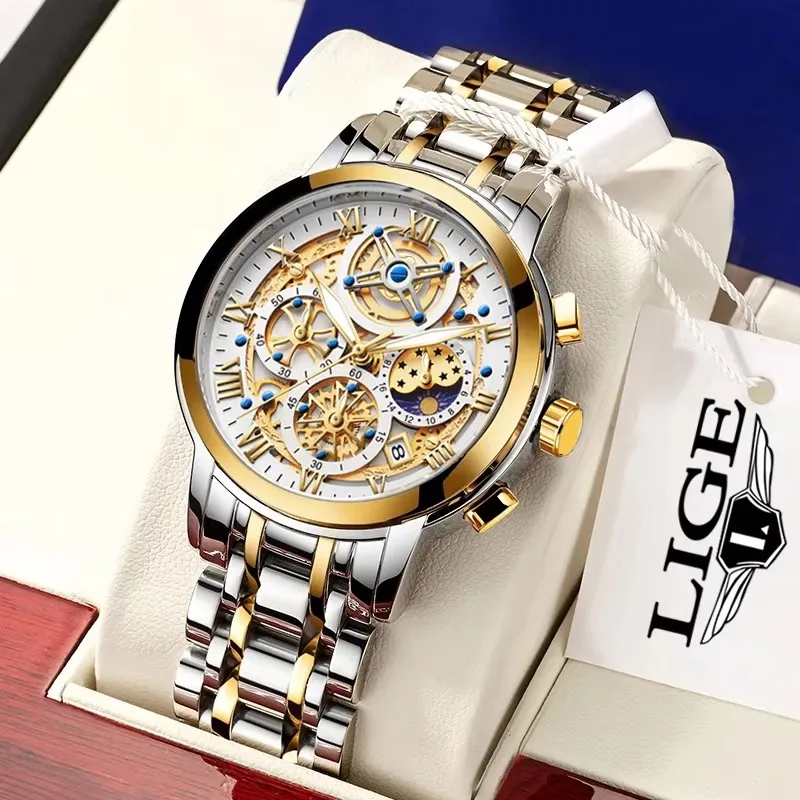 LIGE Gold Herrenuhren Luxus leuchtende Monduhr für Männer Business Casual Quarz-Armbanduhr wasserdichte männliche Uhr Chronograph