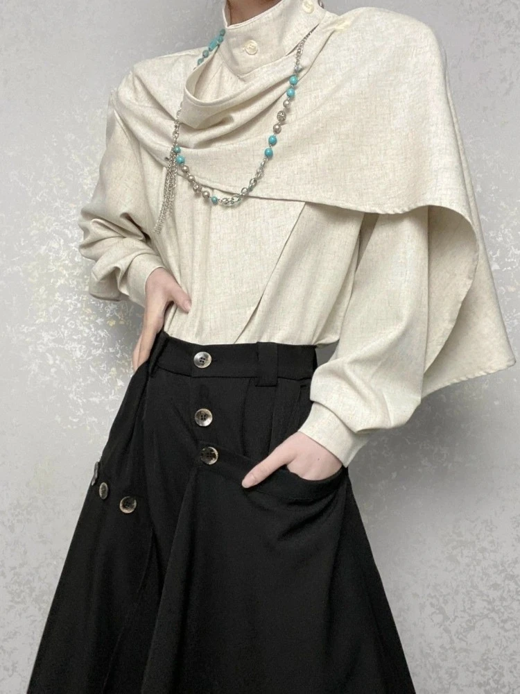 

Y2k Французские элегантные элитные тонкие винтажные женские рубашки с высоким воротником и длинными рукавами 2000-х годов, осенняя однотонная блузка в английском стиле