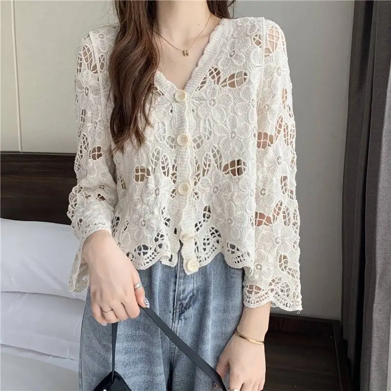 Shawl paired with camisole skirt, paired with spring and summer cover up, women's knitted sunscreen thin cut hollow top