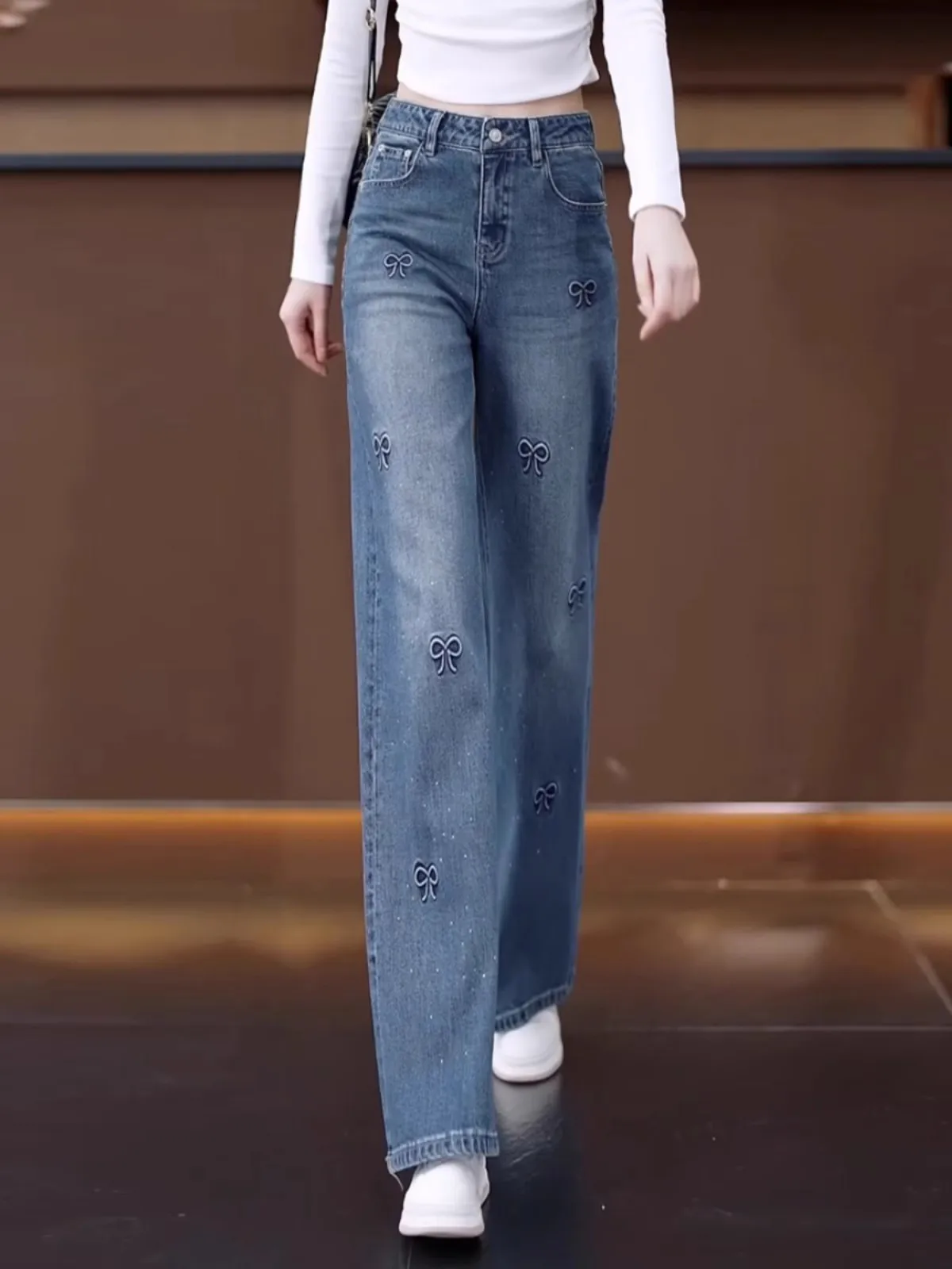 

High Waist Embroidered Wide Leg Jeans Women's Faion Straight Cut Spring Autumn Casual Loose Fit Zipper Closure Denim Pants