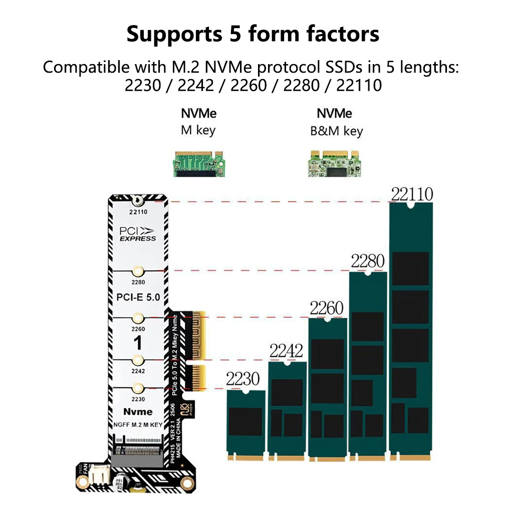 

Карта расширения PCIe x4 для M.2 NVMe M KEY / B&M KEY SSD, поддержка SSD форматов 2230, 2242, 2260, 2280, 22110, адаптер PCI-E 5.0 на M.2
