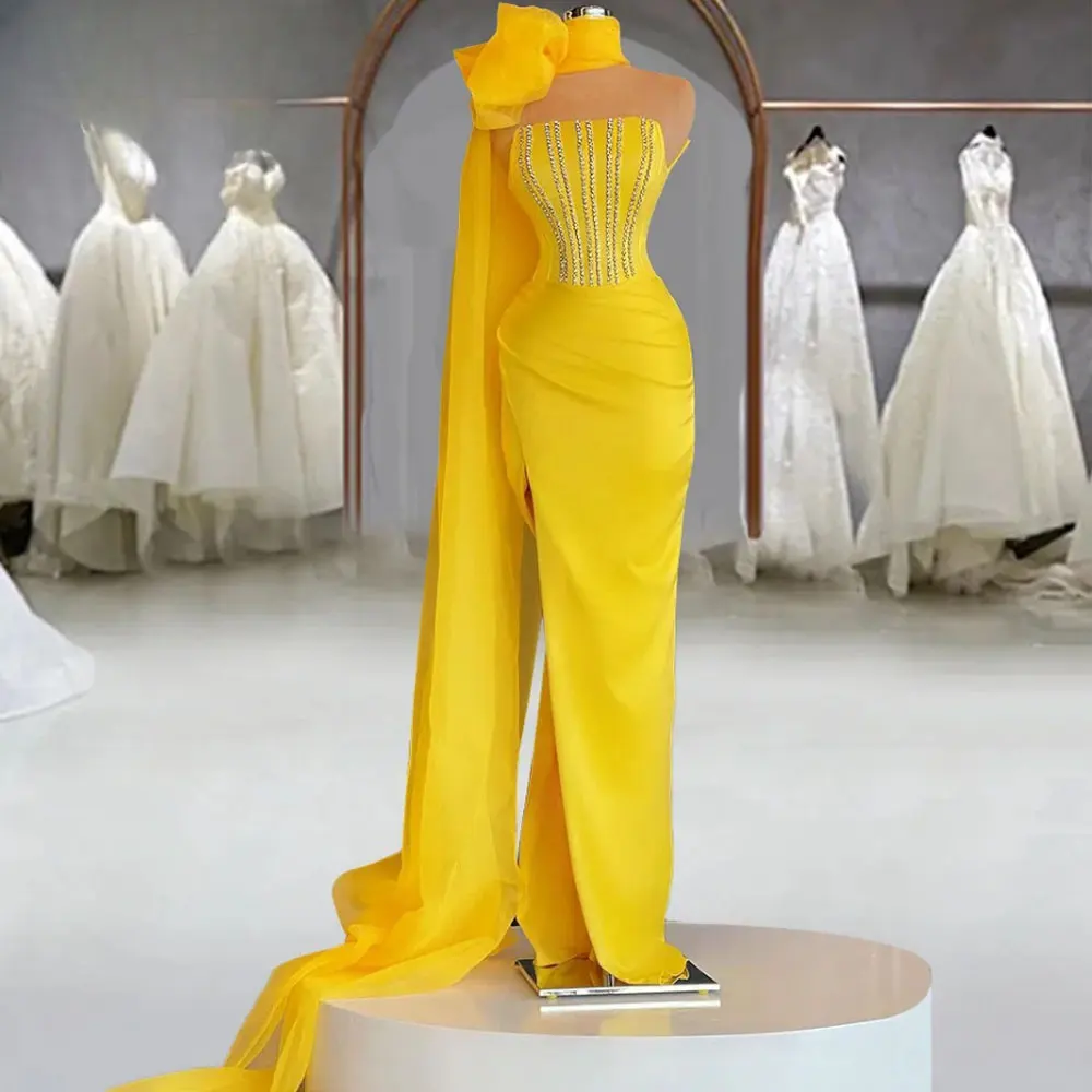 

Женское атласное вечернее платье с юбкой-годе, желтое платье с ленточным воротником и бусинами, бальное платье с разрезом сбоку, бальное платье для торжественных случаев