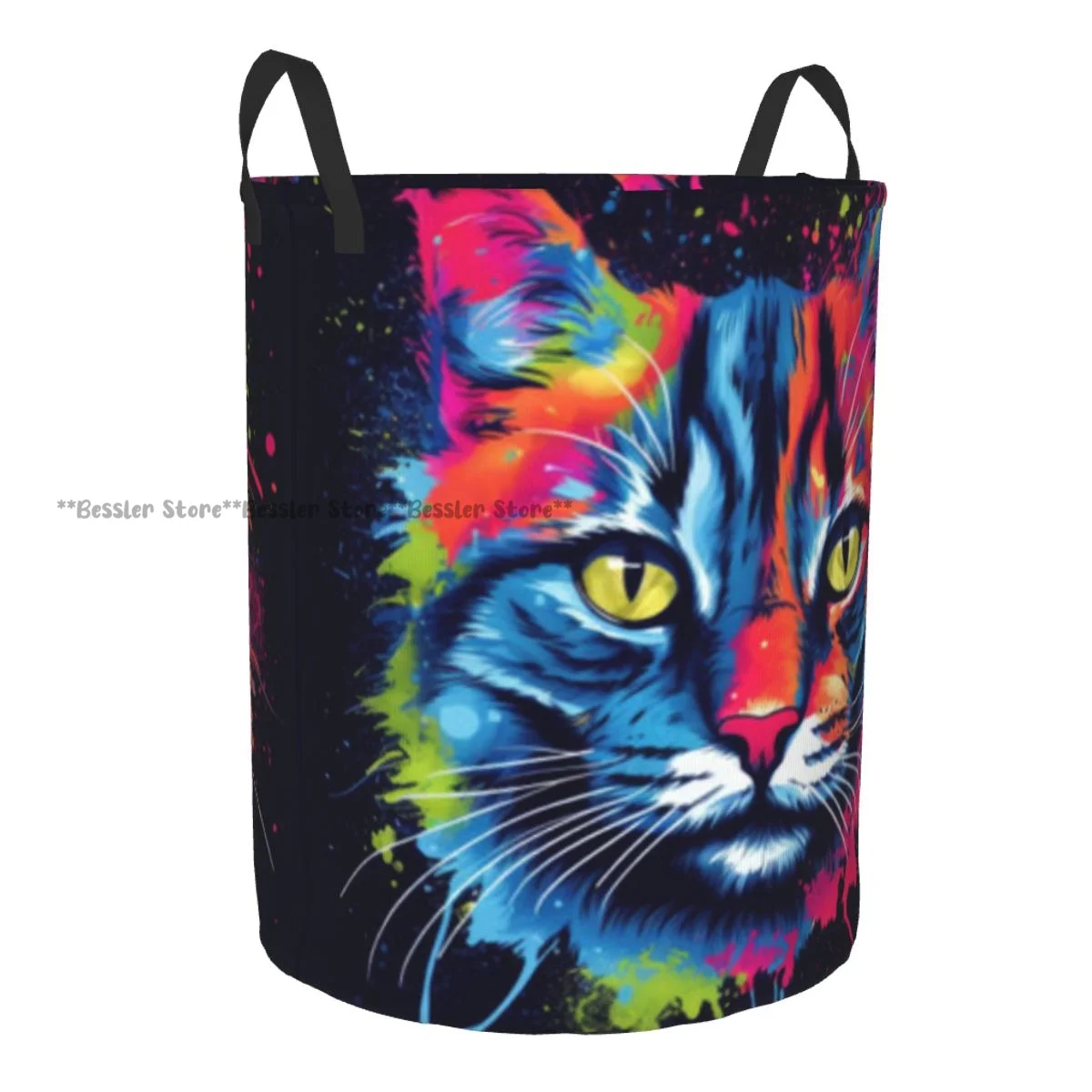 Colorful Cat Head Art Laundry Basket Folding Dirty Clothes Toys Storage Bucket Household