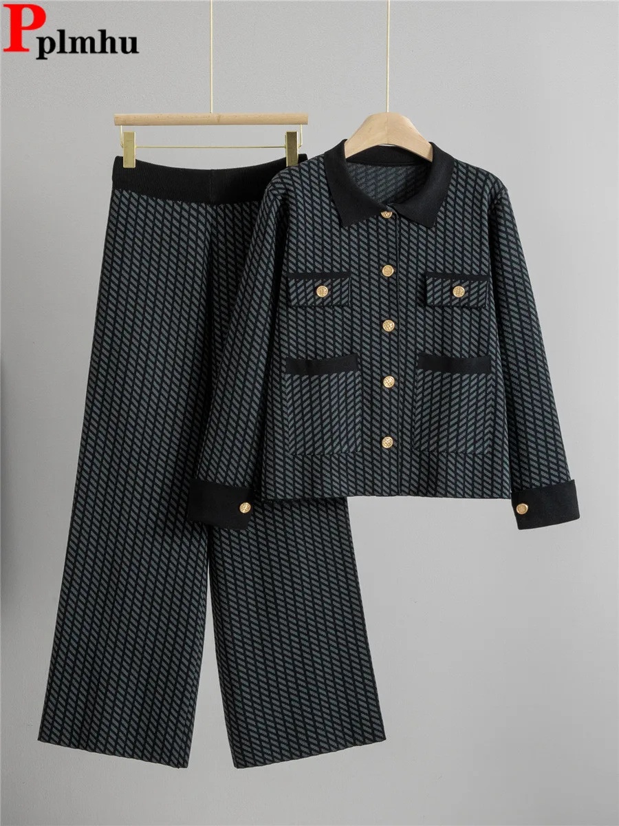 

Korean Design Knitted 2 Piece Sets Elegant Polo Neck Knitwears Sweater Cardigan Tops Conjuntos High Waist Wide Leg Pants Outfit