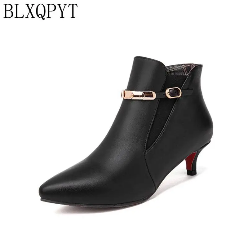 BLXQPYT Women's Kitten Heel Ankle Boots Pointed Toe Elastic Band Booties Metal Buckle Shoes Black Red White Plus Size 33-47 57-7