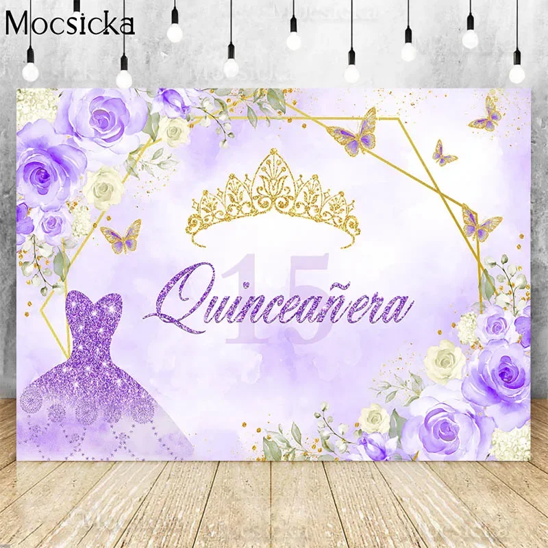 

Quinceanera 15th Princess Birthday Party Backdrop Sweet Girl Purple Dress Butterfly Flowers Glitter Crown Decor Photo Background