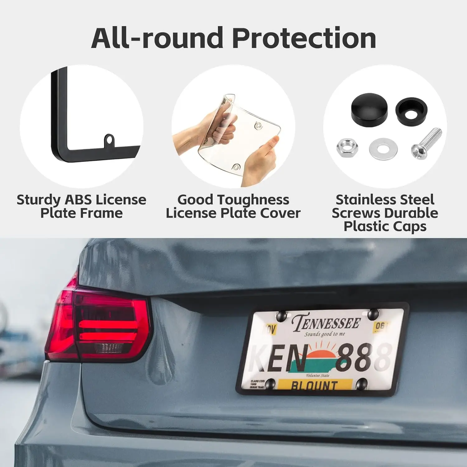 License Plate Cover & Frames, 2 Pack ABS Front/Rear License Plate Protector with Screws Caps, Fit Any Standard US Plates