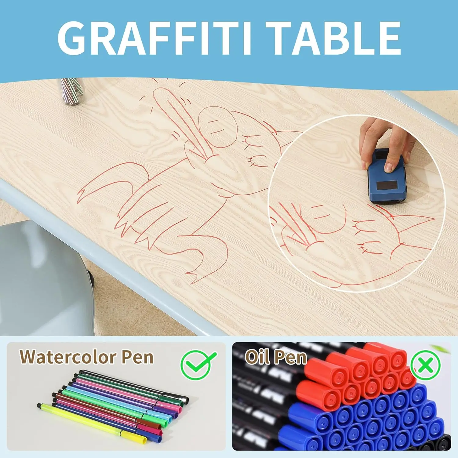 Mesa e cadeiras, conjunto de mesa infantil e 4 cadeiras com mesa graffiti, mesa de estudo infantil ajustável em altura para meninos e meninas