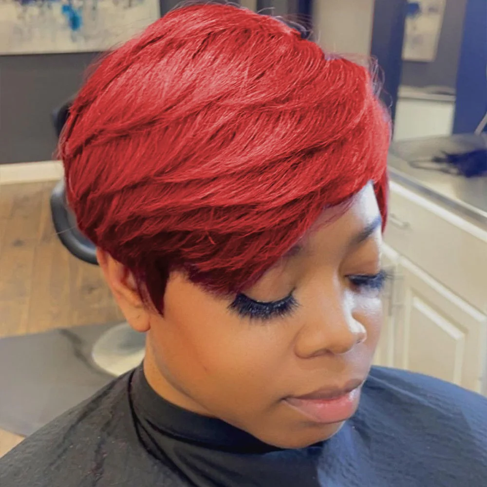 باروكات شعر بشري قصيرة بقص عابث، طبقات مجعدة مع غرة، شعر برازيلي أحمر اللون، شعر مستعار قصير مصنوع آليًا بالكامل للنساء #2