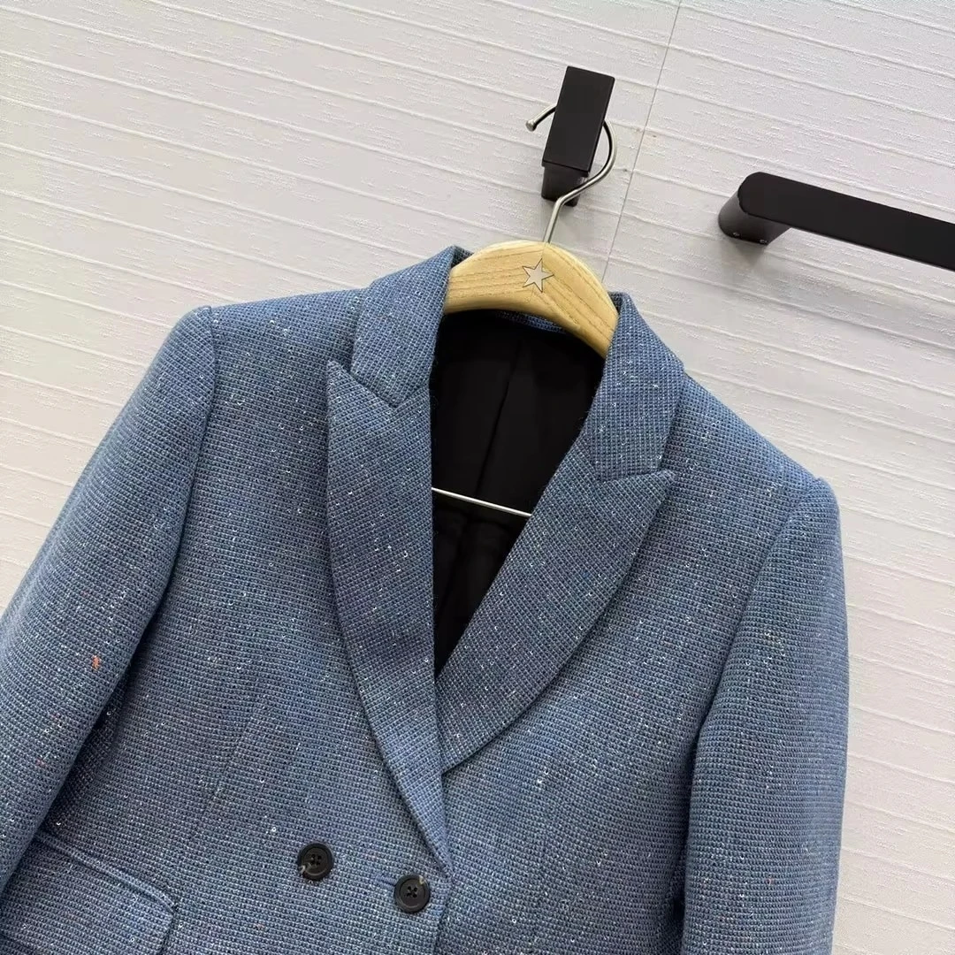 Top Quality Elegant Fashion Blue Woolen Tweed Blazer Jacket Women Notched Long Sleeve Embroidery Sequins Short Design Coat