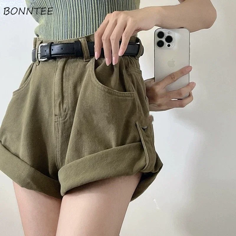 Denim Shorts Women Vintage Solid Safari Style Casual High Waist American  All-match Loose Fashion Thin Chic Streetwear Ins