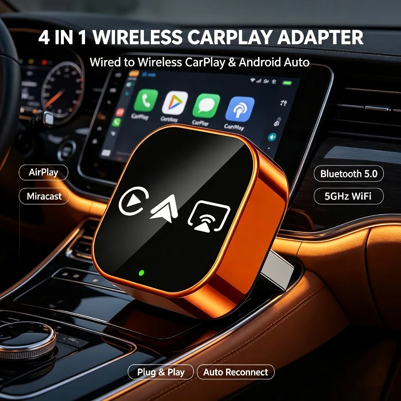 Adaptateur récepteur sans fil CarPlay Android Auto 4 en 1, boîte AirPlay Miracast pour écran audio vidéo de voiture iPhone Android