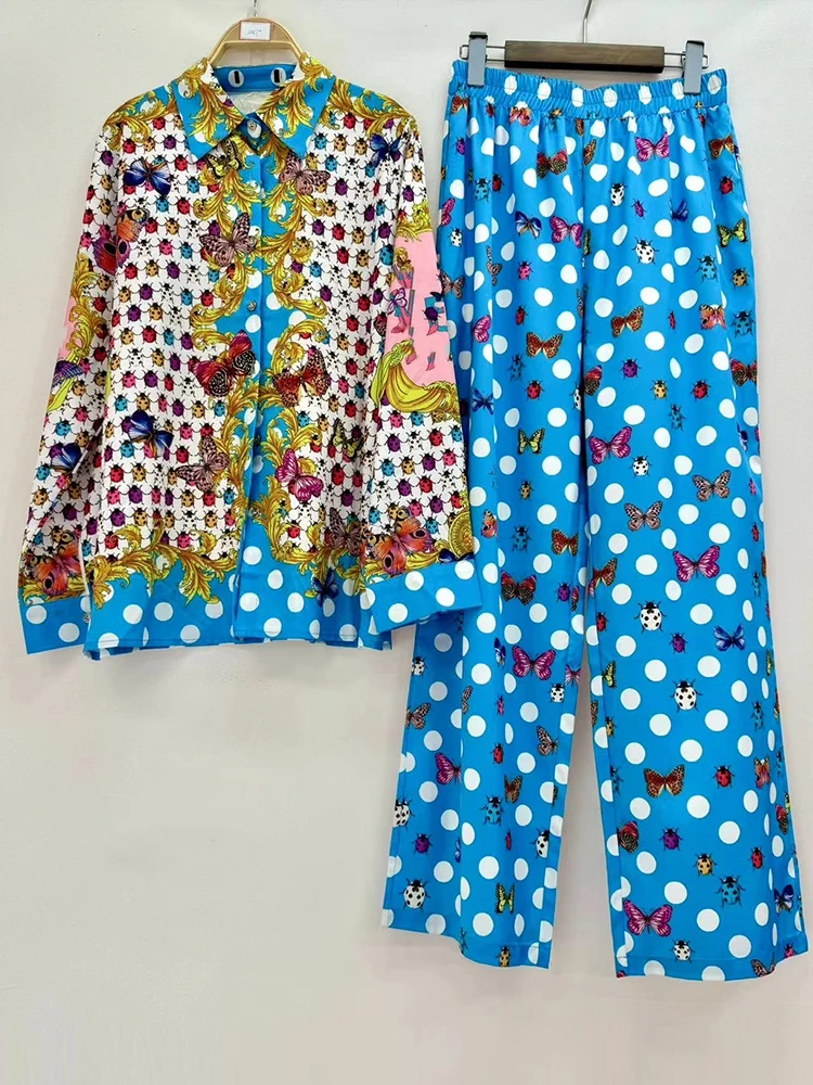 Camisa holgada con solapa y estampado geométrico, novedad de primavera y verano, traje de dos piezas + pantalones de pierna ancha con cintura elástica, traje de mujer a la moda