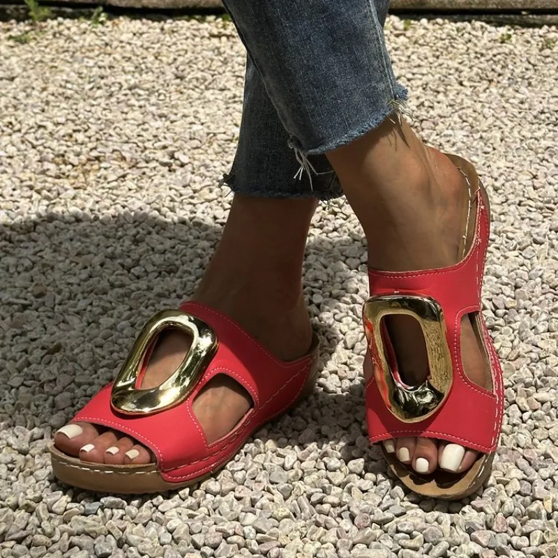2026 New Women Wedge Heel Sandals Summer Fashion Metal Decor Hollow Round Toe Female Shoes Comfortable Outdoor Casual Sandals