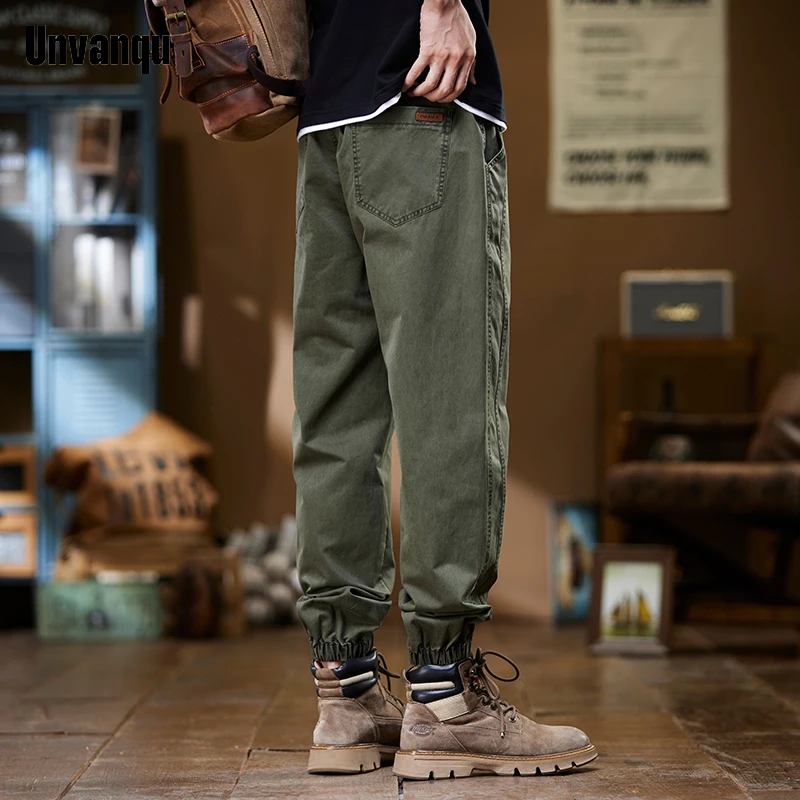 Unvanqu Brand Clothing 2024 New Men's Cargo Pants 100% Cotton Solid Color Work Wear Casual Pant Wide Korean Jogger Trousers Male