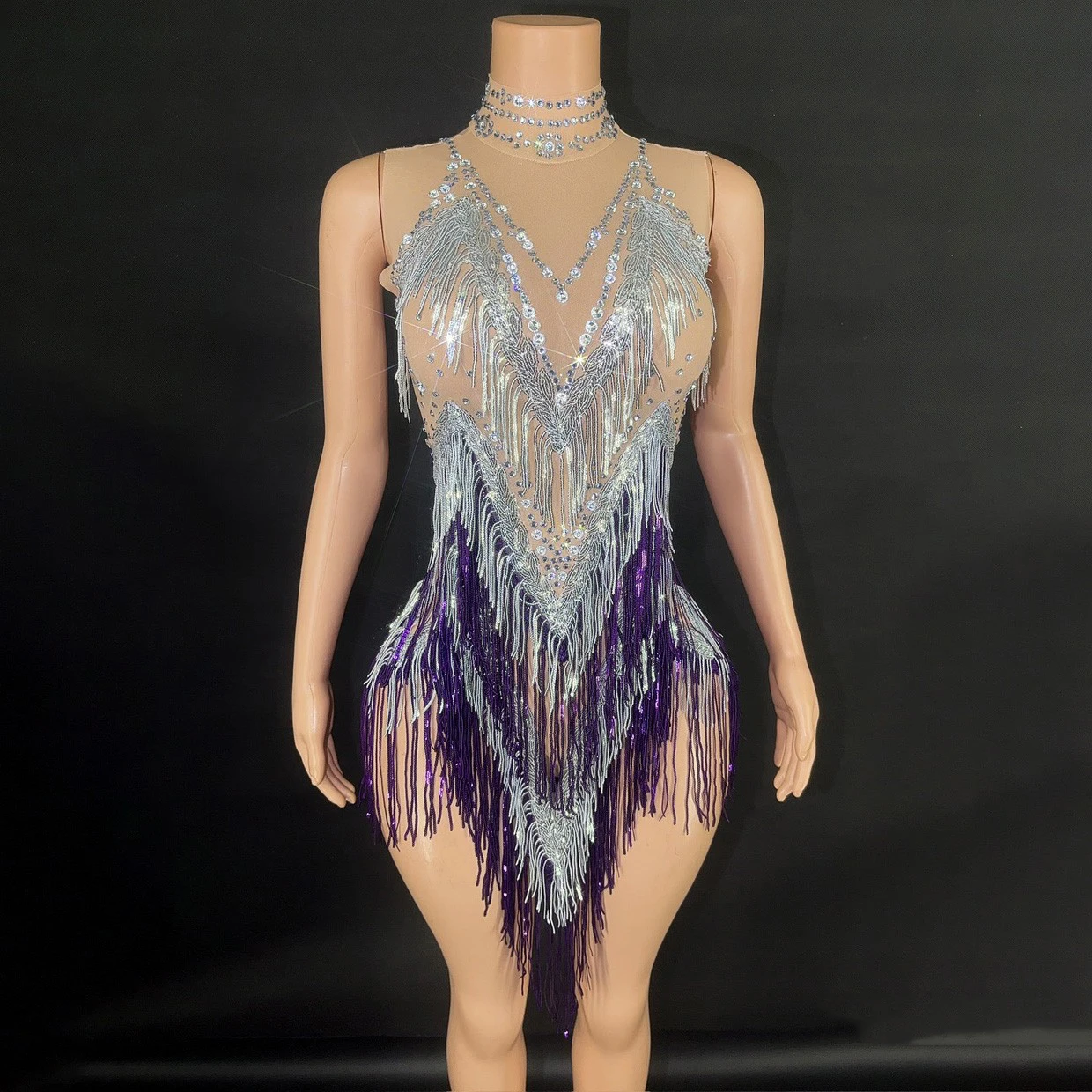Many Colors Sequins Full Fringed Bodysuit Sexy Gogo Dancer Costume Women Pole Dance Dress Bar Dj Ds Stage Drag Queen Outfit 9170