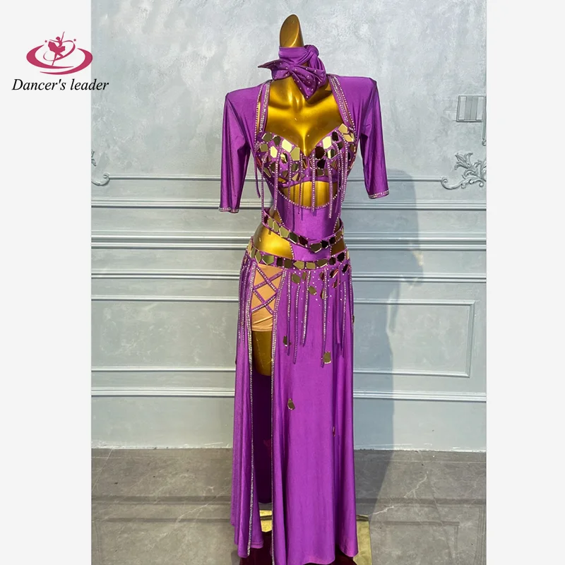 Belly Dance Performance Costume, Oriental Dance Performance Practice Costume, Gold Shiny Sequin Long Skirt Set