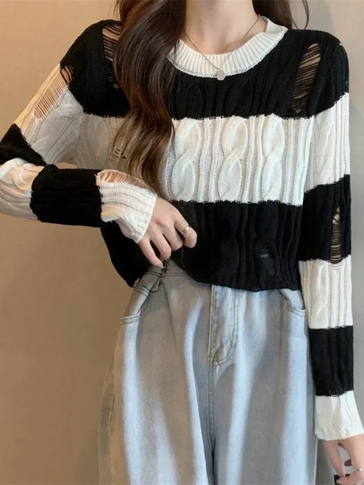 

Винтажные полосатые свитера с отверстиями, женские свободные уличные укороченные вязаные пуловеры Y2K, осенние женские джемперы с круглым вырезом