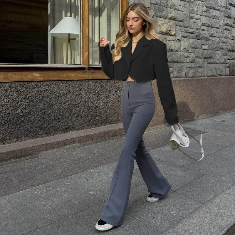 2022 Autumn and Winter New Fashion Solid Color Long-sleeved Tie Lapel Half-suit Women Cropped Blazers Gothic Fashion Indie Tops