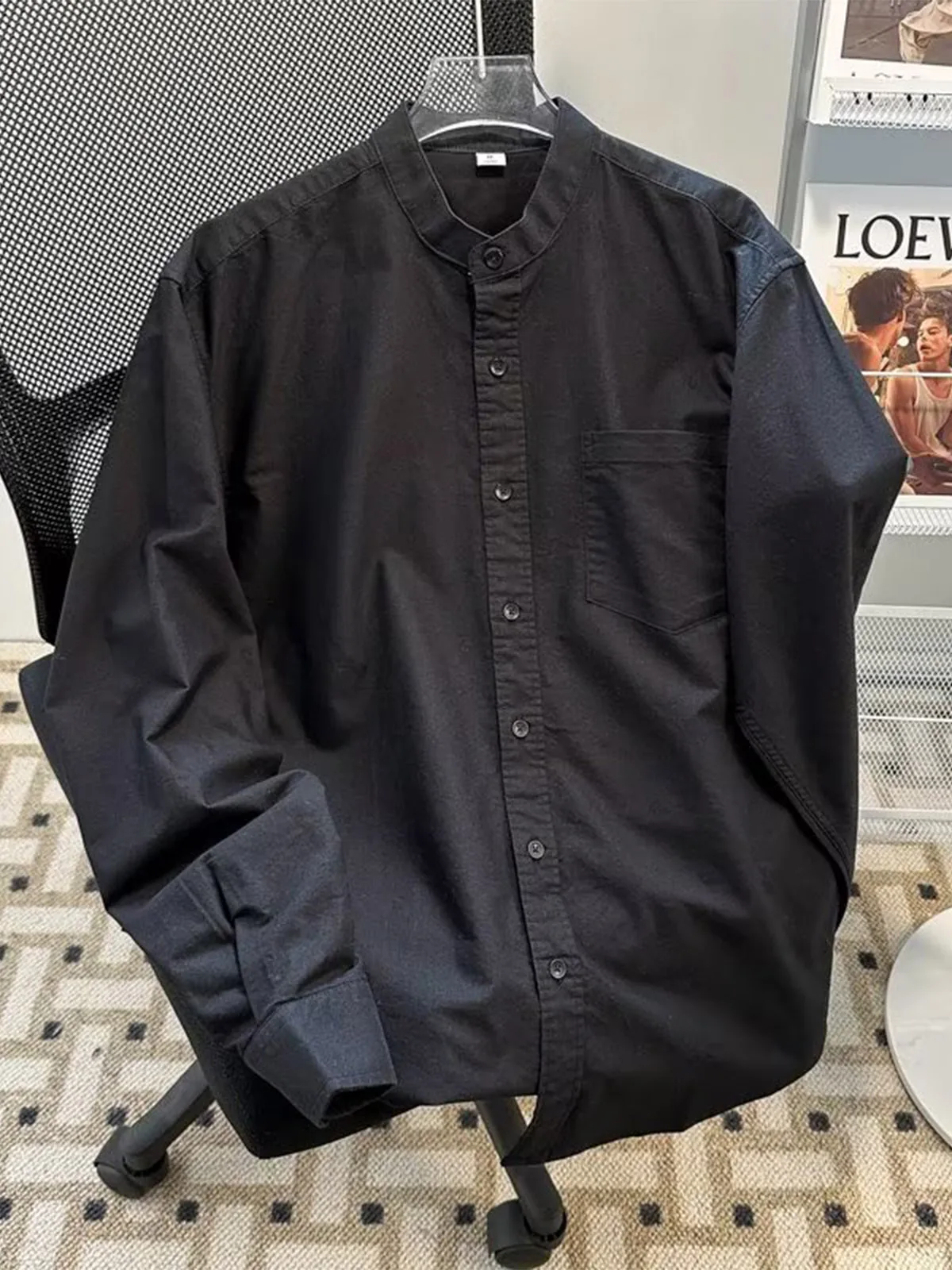 Casual Oxford Cloth Shirt Men's Spring 2026 Single Pocket Long Sleeve Stand Collar Pure Color Jacket Loose Fit Youth Style