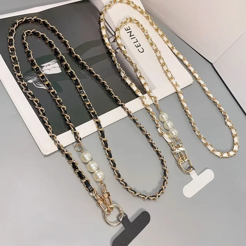 For Mobile Phone Straps Pearl Leather Chain Long Crossbody Neck Band Shoulder Cord Anti Loss Rope Hang Metal Leather Pendant